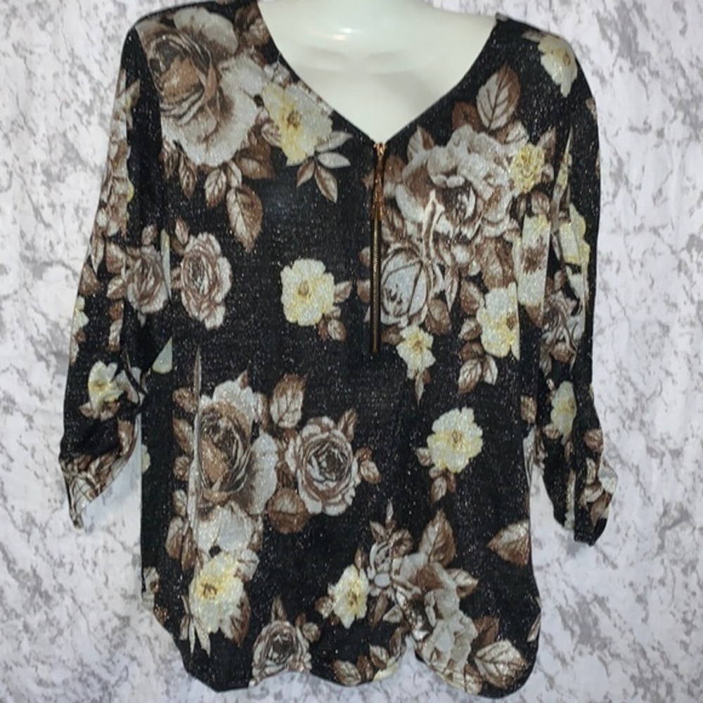 REBECCA MALONE ZIP FRONT V NECK SWEATER BLACK AND BRONZE SIZE XL - Picture 1 of 8